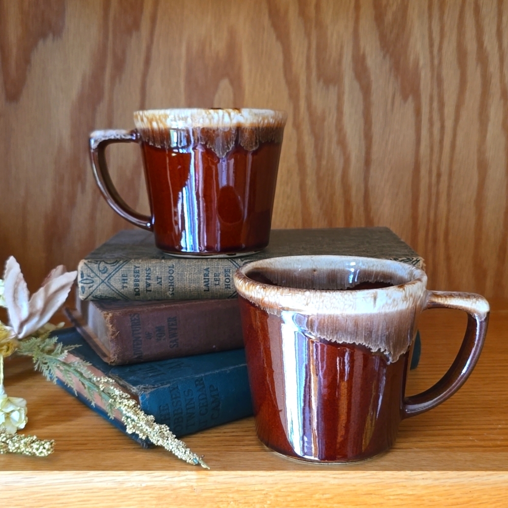 McCoy Vintage Brown Drip Glaze Mug D Handle Set of 2 Made in USA Cottagecore 60s